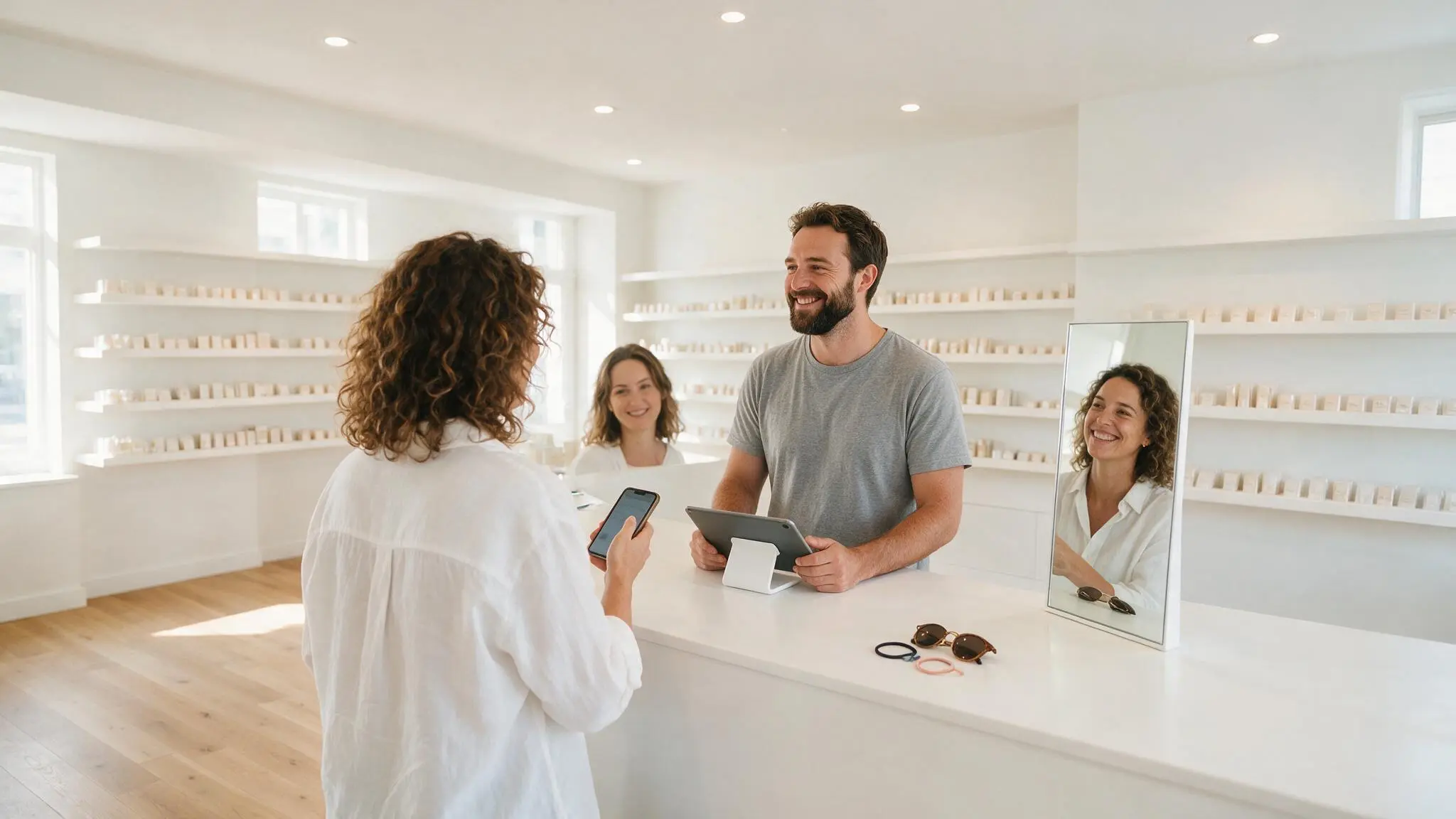 RentEase landlord and tenant at a rental service counter